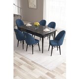 Hanah home Roz - Black Marble, Navy Blue Black MarbleNavy Blue Extendable Dining Table & Chairs Set (7 Pieces) | ePonuda.com