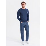 Ombre Men's cotton longsleeve with striped U neckline and embroidery - dark blue | Shoptok.si