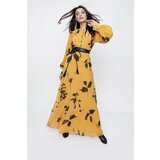 By Saygı Yellow Floral Pattern Long Chiffon Dress With Half Button Front Waist Belt Lined cene