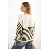Kesi Włoski Women's striped sweater with a heart, mohair, and V-neck khaki | Shoptok.si