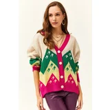 Olalook Women's Ecru Zigzag Patterned Knitwear Cardigan