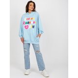 Fashion Hunters Light blue long sweatshirt with inscriptions and hood Cene