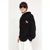 Trendyol Limited Edition Mens Black Oversize/Wide-Fit Hoodie with Animal Embroidered Sweatshirt.