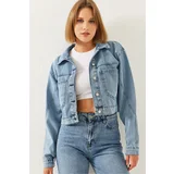 Bianco Lucci Women's Triangle Sleeve Detail Crop Denim Jacket 2420