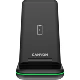 Canyon WS- 304, Foldable 3in1 Wireless charger, with touch button for Running water light, Input 9V/2A, 12V/1.5AOutput 15W/10W/7.5W/5W, Type c to USB-A cable length 1.2m, with QC18W EU plug,132.51*75*28.58mm, 0.168Kg, Black - CNS-WCS304B