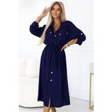 numoco basic 531-6 Midi Shirt Dress with Gold Buttons and Tie - Navy Blue | shoptok.hr