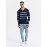 Ombre Men's horizontal striped polo longsleeve with viscose - navy blue and white | ePonuda.com
