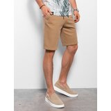 Ombre Men's knitted shorts with decorative elastic waistband - light brown Cene