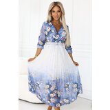 numoco basic 605-1 Feminine airy midi dress with envelope neckline and pleats – light blue with wildflowers | Shoptok.si