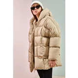 Bianco Lucci Women's Beige Oversized Puffy Coat with Large Double Pockets.