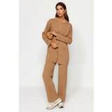 Trendyol Brown Ribbed Cardigan-Pants Knitwear Two Piece Set Cene