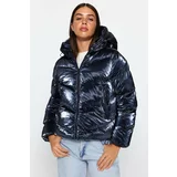 Trendyol Navy Blue Oversized Hooded Shiny Water Repellent Inflatable Coat