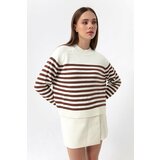 Lafaba Women's Brown Turtleneck Striped Knitwear Sweater Cene