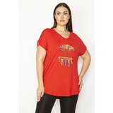Şans Women's Plus Size Red Embroidery Detail Low Sleeve Viscose Blouse Cene
