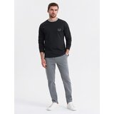 Ombre Men's cotton longsleeve with striped U neckline and embroidery - black | ePonuda.com