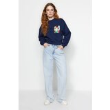 Trendyol Navy Blue Thick Inside With Fleece Printed Crew Neck Comfortable Cut Crop Knitted Sweatshirt Cene