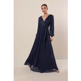 By Saygı Double-breasted Collar, Lined Waist, Glittery Long Dress, Navy Blue.