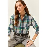 Olalook Women's Indigo Emerald Single Pocket Plaid Lumberjack Shirt Cene