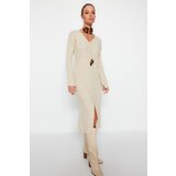 Trendyol Stone Midi Knitwear V-Neck Dress Cene
