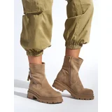 Shelvt Brown women's ankle boots with a decorative zipper