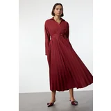 Trendyol Burgundy Belted Skirt Pleated Double Breasted Collar Maxi Woven Dress