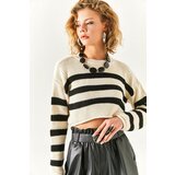 Olalook Women's White Black Thessaloniki Knit Striped Crop Knitwear Sweater Cene