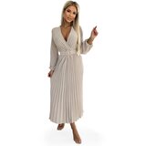 Numoco Pleated midi dress with a neckline, long sleeves and a wide belt