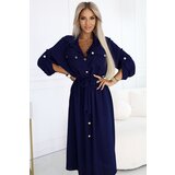 numoco basic 531-6 Midi Shirt Dress with Gold Buttons and Tie - Navy Blue | Shoptok.si