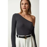 Happiness İstanbul Women's Anthracite Open Shoulder Corded Knitted Blouse