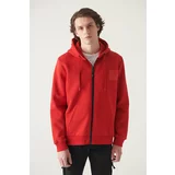 Avva Men's Red Hooded 3 Thread Fleece Printed Zippered Standard Fit Regular Fit Sweatshirt