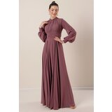 By Saygı Stone Embroidered Pleated Long Chiffon Dress Wide Size Range In Mint. | Shoptok.si