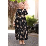 InStyle Brush Patterned Hijab Dress with a Belt - Black