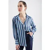 Lafaba Women's Navy Blue Striped Satin Shirt