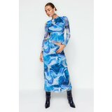 Trendyol Blue Patterned Tulle Lined A-Line/Awning Formal Midi Knit Skirt Cene