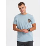 Ombre Men's cotton t-shirt with chest print - light blue Cene