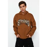 Trendyol Light Brown Men's Oversize/Wide-Cut Fleece Inner Hoodie with Text Embroidered Sweatshirt. Cene