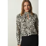 Happiness İstanbul Women's Cream Black Window Detail Patterned Woven Blouse