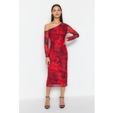 Trendyol Red Lined Asymmetric Collar Knitted Midi Dress Cene