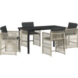 vidaXL Set vrtne jedilnice s 5 kosi in oblazinjenjem, svetlo siva, poliran ratan, Vrtna miza, črna, 140x80x73 cm, kaljeno steklo | Shoptok.si