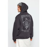 Trendyol Anthracite Men's Oversize Hooded Fluffy Floral Print Fleece Inner Sweatshirt. | shoptok.hr