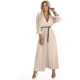 numoco basic 462-5 SERENA Pleated maxi dress with neckline, belt and 3/4 sleeves - DARK BEIGE | Shoptok.si