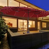  470 cm veliki dvostruki terasni kišobran s 48 solarnih LED lampi i postoljem za vanjski kišobran, boje vina. | shoptok.hr