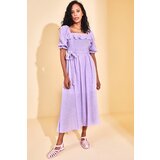 XHAN Women's Lilac Square Collar Patterned Dress cene