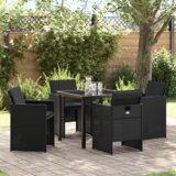vidaXL Set za vrtno blagovanje od 5 komada s jastučićima crna poly ratan, Vrtni stol crn 80x80x73 cm kaljeno staklo | shoptok.hr