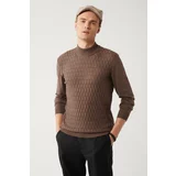 Avva Men's Light Brown Knitwear Sweater Half Turtleneck Front Textured Cotton Regular Fit