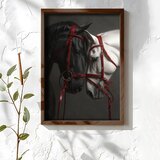 Wallxpert uramljena MDF slika NAL004-46, crni i beli konj sa crvenim ularima na tamnoj pozadini, 35,5 x 47 cm Cene