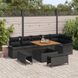 vidaXL 9-delni vrtni kavč set z blazinami črn poli ratan akacija | Shoptok.si