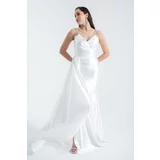 Lafaba Women's White Stone Strap Tail Long Evening Dress