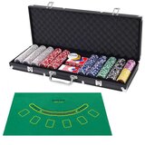  500-dijelni komplet za kasino poker s žetonima i igraćim kartama, kao i kockama i žetonima dilera te crnom stolnjaku. | shoptok.hr