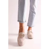 Shoeberry Women's Rex Beige Skin Loafers with Thick Soles and Buckles. Beige Skin.